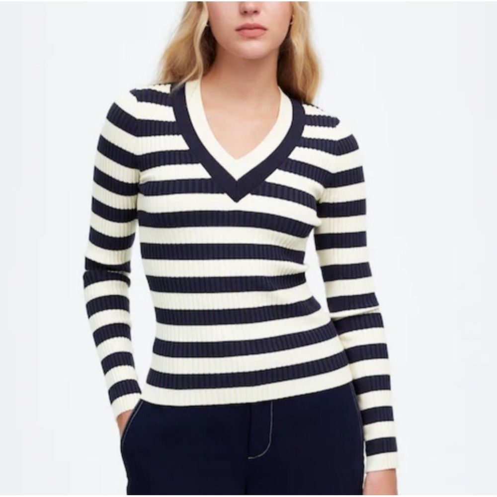 Madewell Striped V-Neck Ribbed Long Sleeve Sweater Navy Ivory NT749 Size S NEW